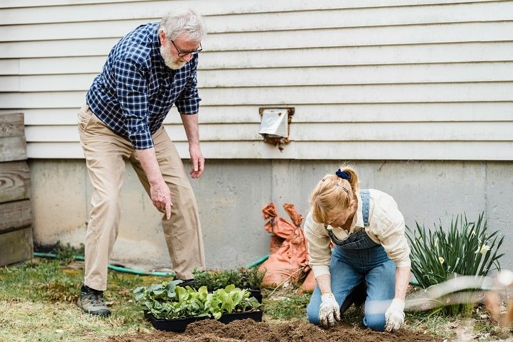 Un couple de retraité s'occupe de leur jardin