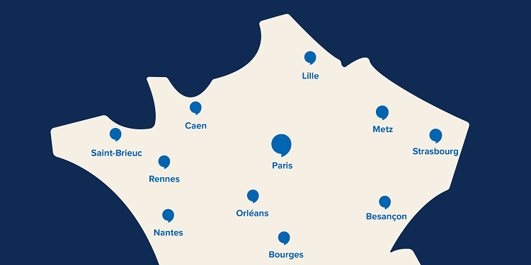 Carte présentant des centres auditifs avec des audioprothésistes Audika en France