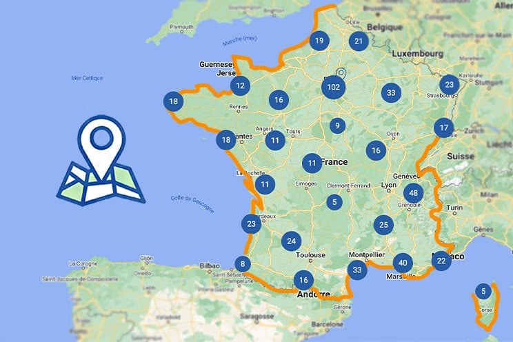 Carte de France avec les centres auditifs
