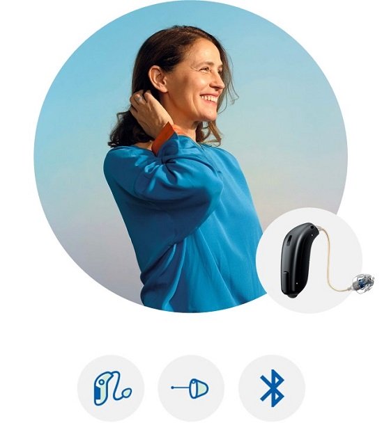 L’image montre une femme portant des appareils auditifs Oticon Siya