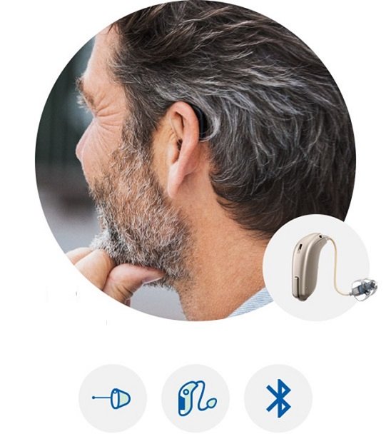 L’image montre un homme portant un appareil auditif Oticon Opn 