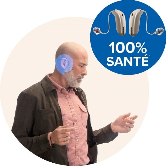 Un homme profite d'appareils auditifs mieux remboursés avec le 100% Santé, valable sur les aides auditives de classe 1
