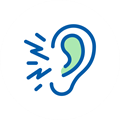 Ikona przedstawiająca narażone na hałas ucho na białym tle.