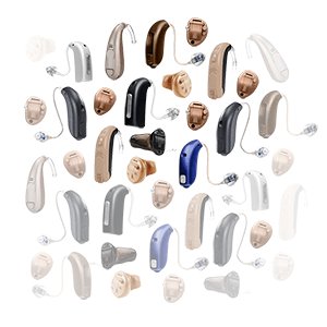 Bild på många olika hörapparater i olika färger och modeller.