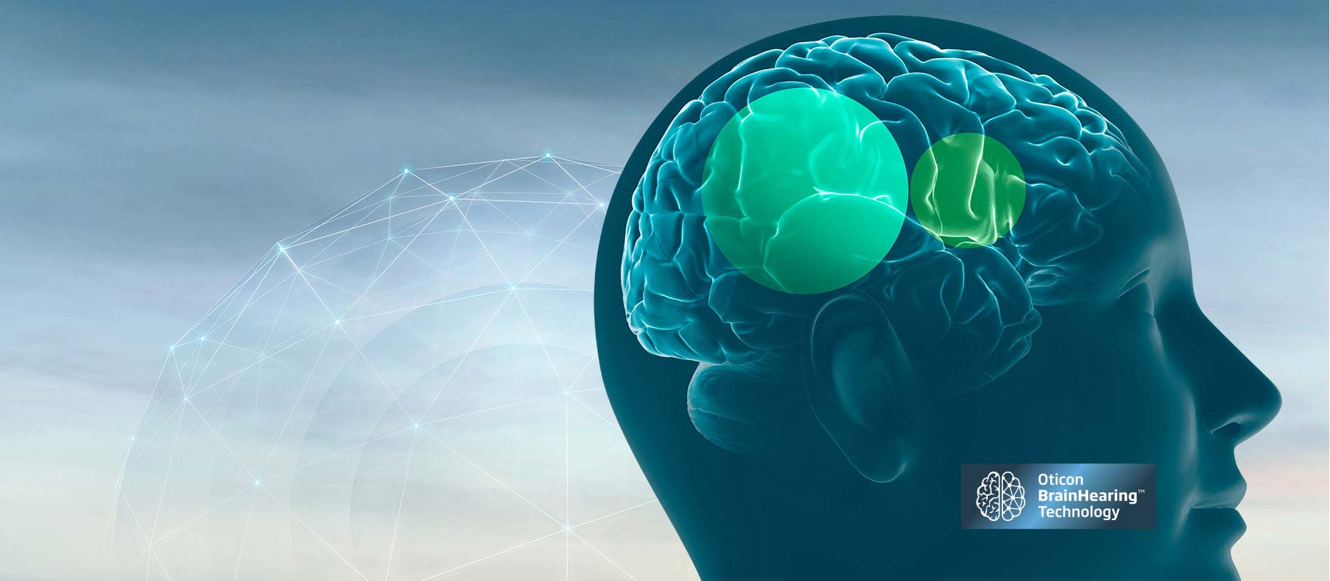 BIld på människa och en hjärna som visar brain hearing tekniken i Oticon more hörapparater