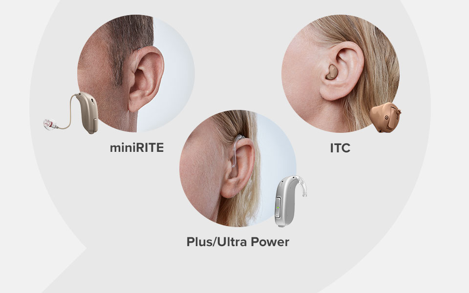Bild på tre olika hörapparatsmodeller. Hitta din hörapparatsmodell på vår hemsida.