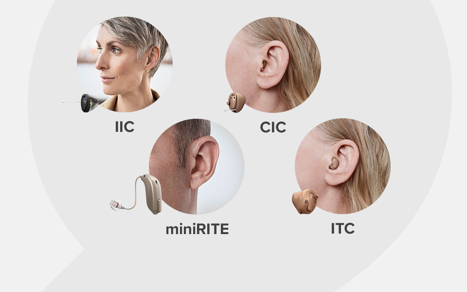 Bild på fyra olika hörapparatsmodeller. Du kan hitta alla på vår hemsida.
