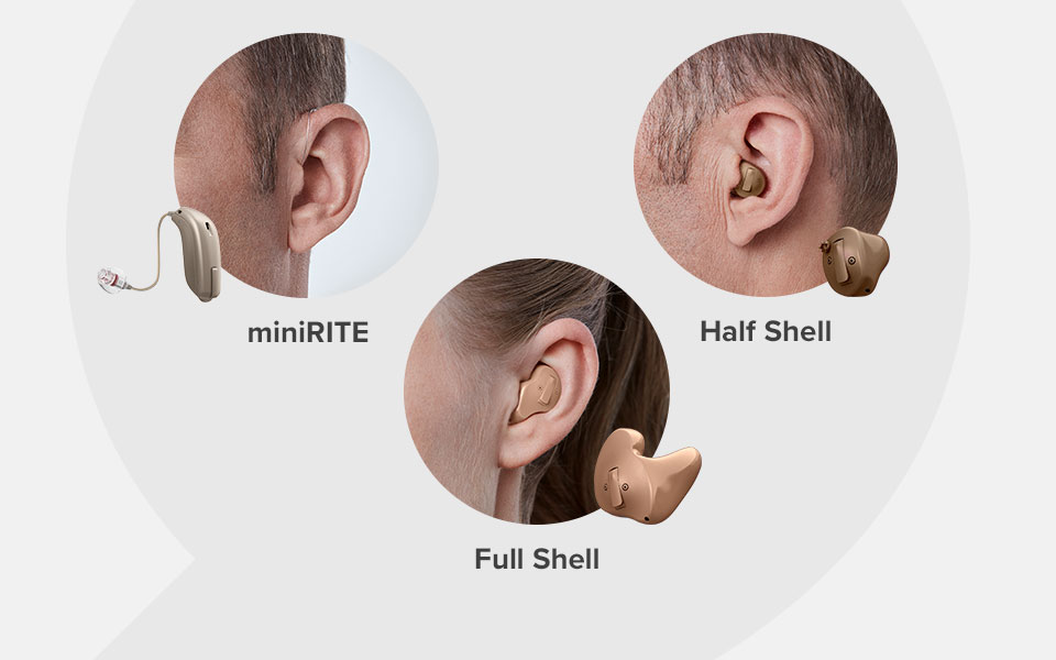Urval av olika modeller av hörapparater. Du kan hitta din hörapparatsmodell på vår hemsida.