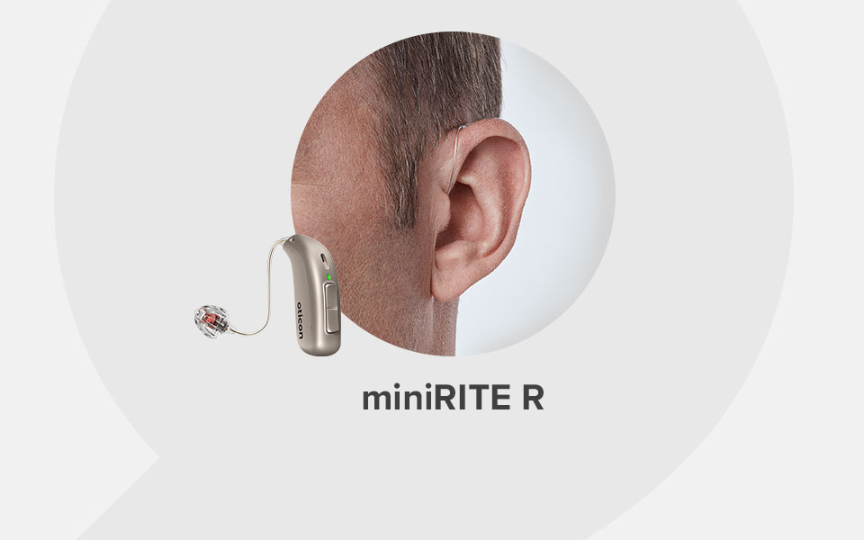 En hörapparat som heter miniRITE R. Hitta din hörapparatsmodell på vår hemsida.