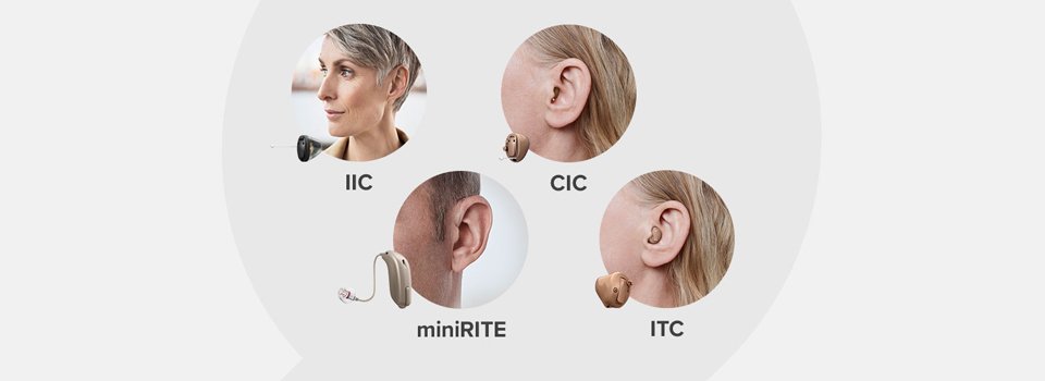 Bild på fyra olika typer av nästan osynliga hörapparater