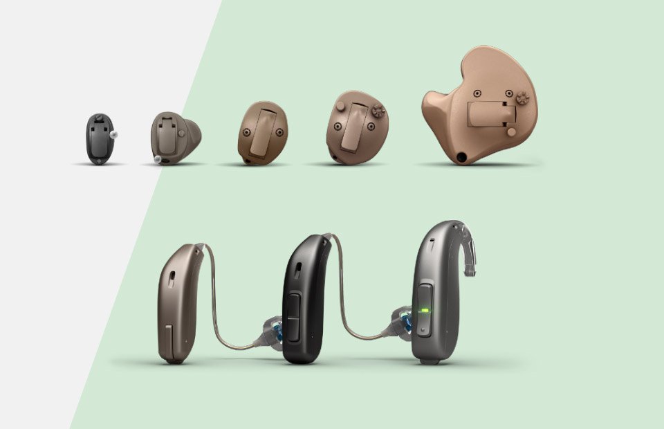 Bild på olika modeller av hörapparater som du kan välja mellan. Hitta din hörapparatsmodell.