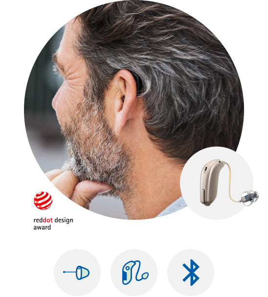 En modell av hörapparat som heter Oticon Opn. En bild på en man som har hörapparatsmodellen.