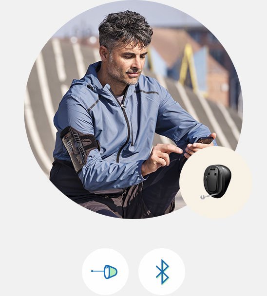 Bild på en man som har en Oticon hörapparat modell Own och små bilder på Oticon Owns funktioner