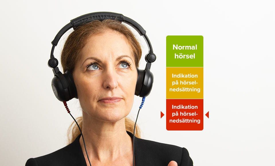 Bild på resultat av online hörseltest som visar indikation på nedsättning och kvinna med hörlurar.