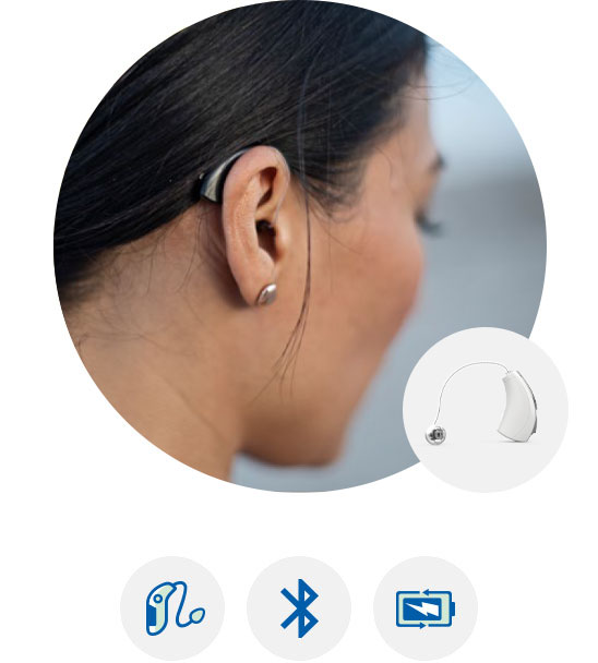 Image shows a woman wearing a Starkey Livio hearing aid