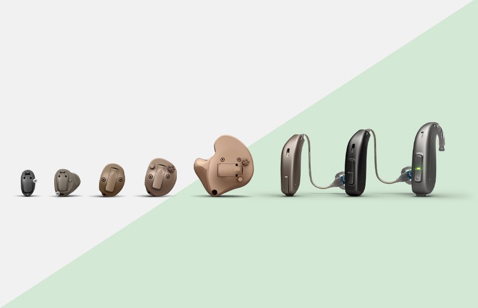 Image shows a range of different hearing aid types