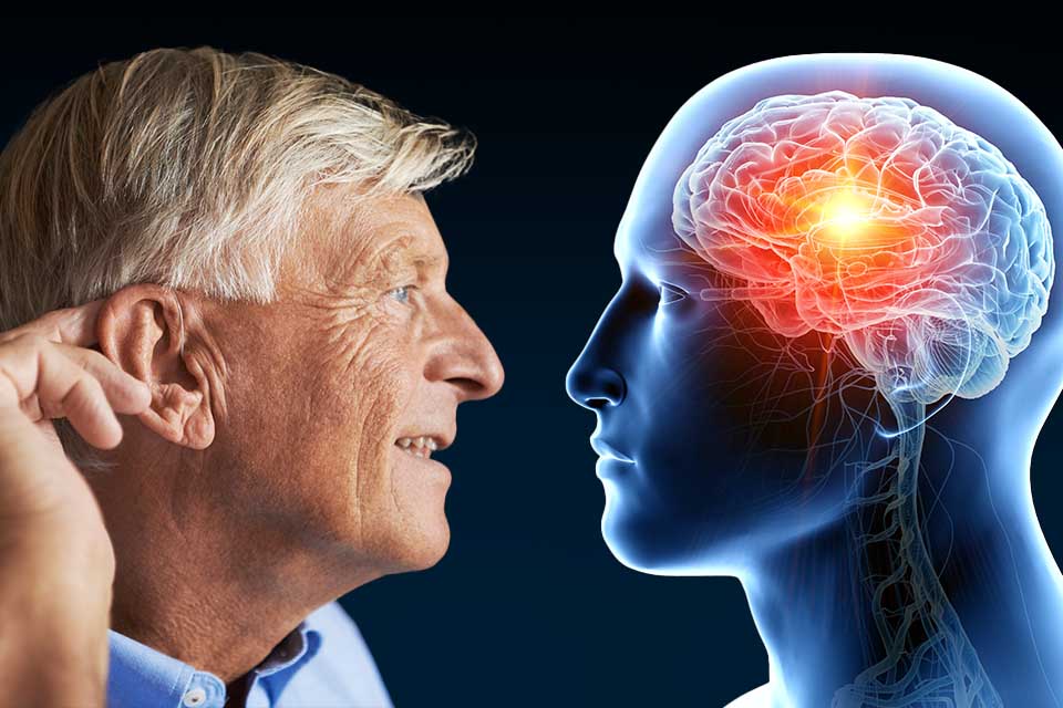 La imagen muestra un hombre y un cerebro mostrando la conexión entre demencia y pérdida auditiva