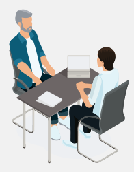 La imagen muestra un hombre y un audioprotesista hablando