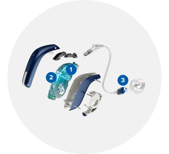 Rundt billede viser digitale høreapparater i sprængskitse