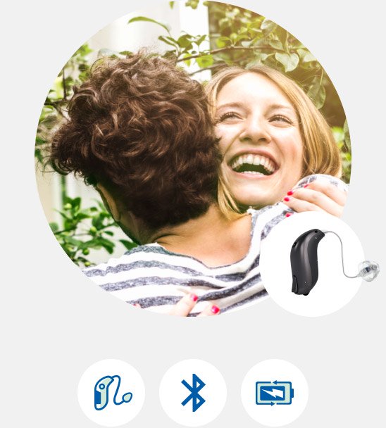 L’image montre deux femmes qui s’enlacent et un appareil auditif Bernafon Viron 