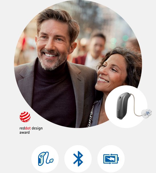 L’image montre un couple dans la rue et un appareil auditif Oticon Opn S