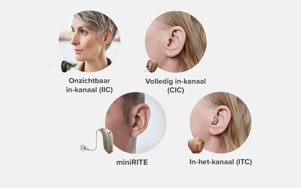 Afbeelding met verschillende soorten hoorapparaten